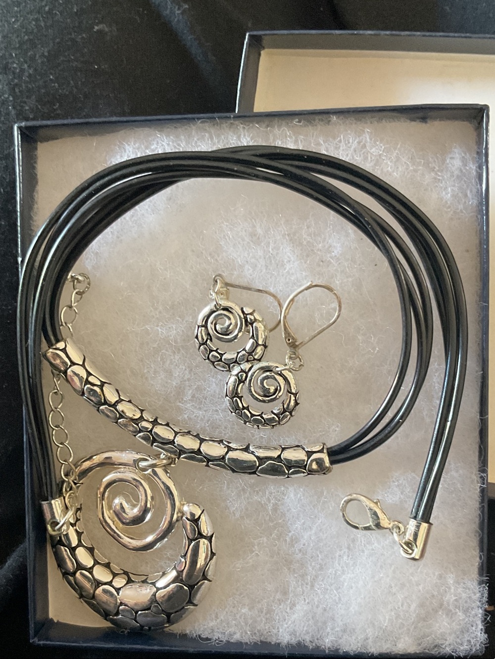 Silver Spiral Pendant adjustable Necklace and Matching Earrings in Black Cord.